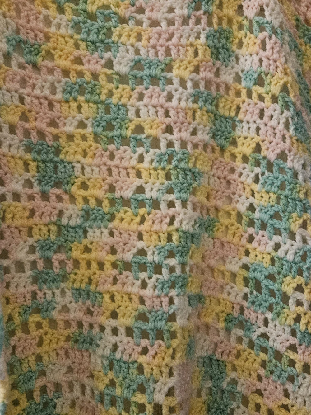 Hand-Crocheted Afghan Pastel Throw Blanket Baby Neutral Pink,Yellow Mint Fringe